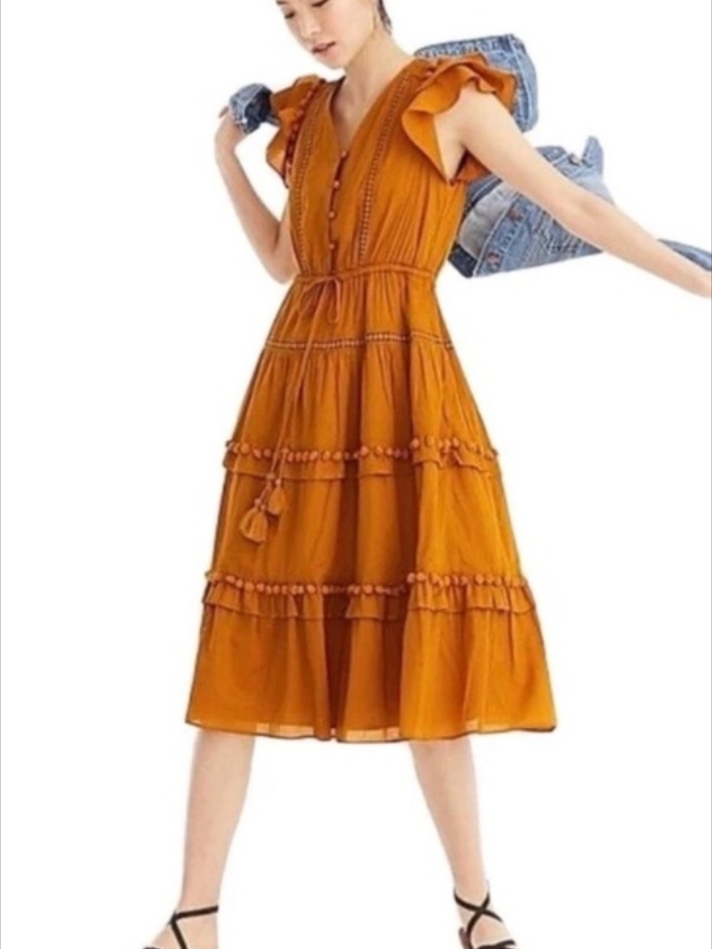 Point Sur by J.Crew Mustard Yellow Pom-Pom Tiered Midi Dress – Boho - Size 8